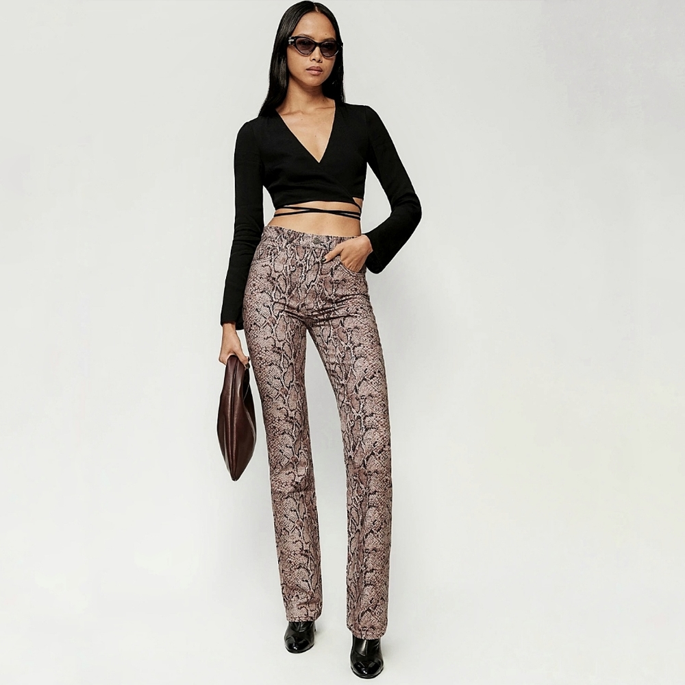 Reformation Peyton Snake Skin Python High Rise Boot Cut Denim Jeans